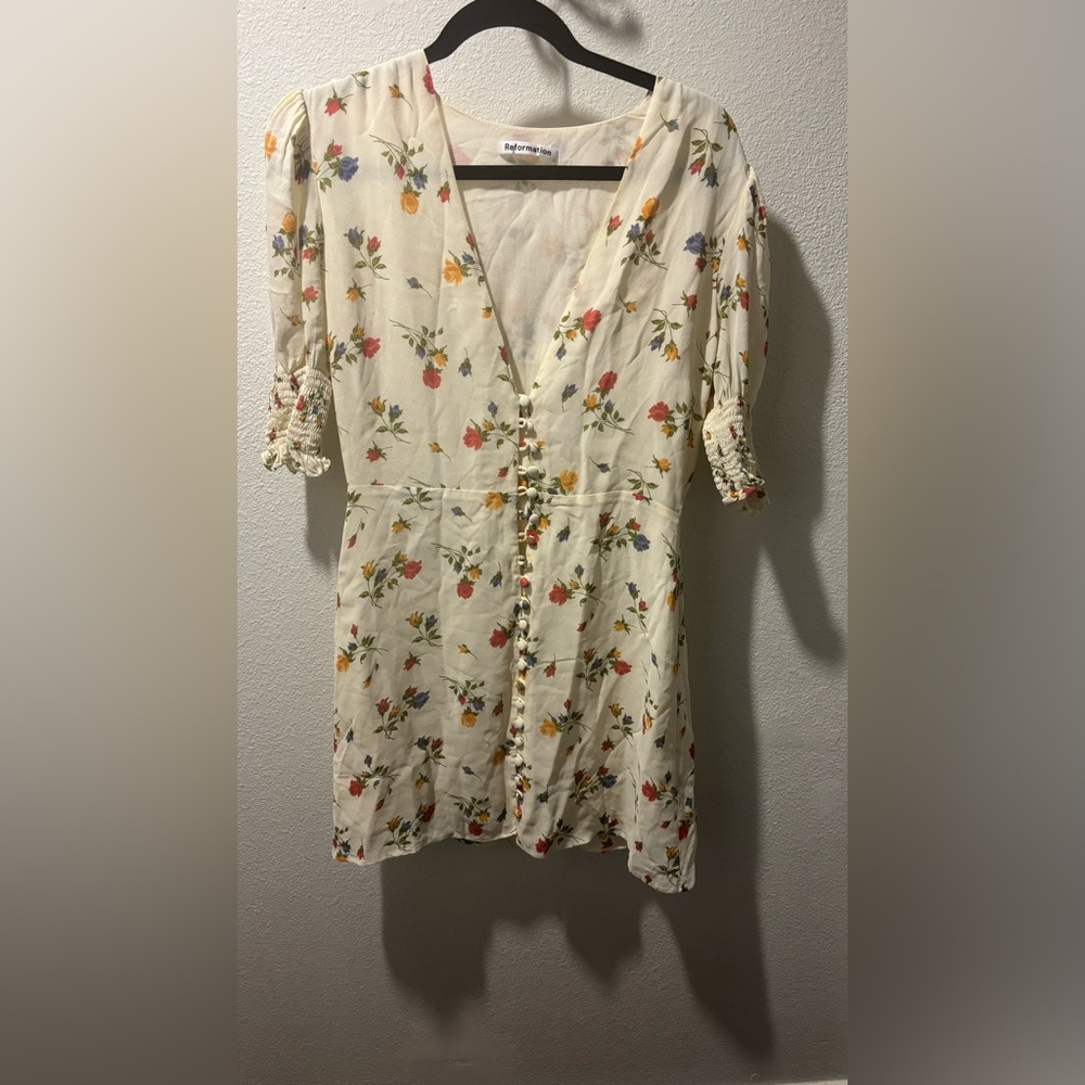 Reformation Floral Button-Down Dress - Cream with Red, Yellow, and Green